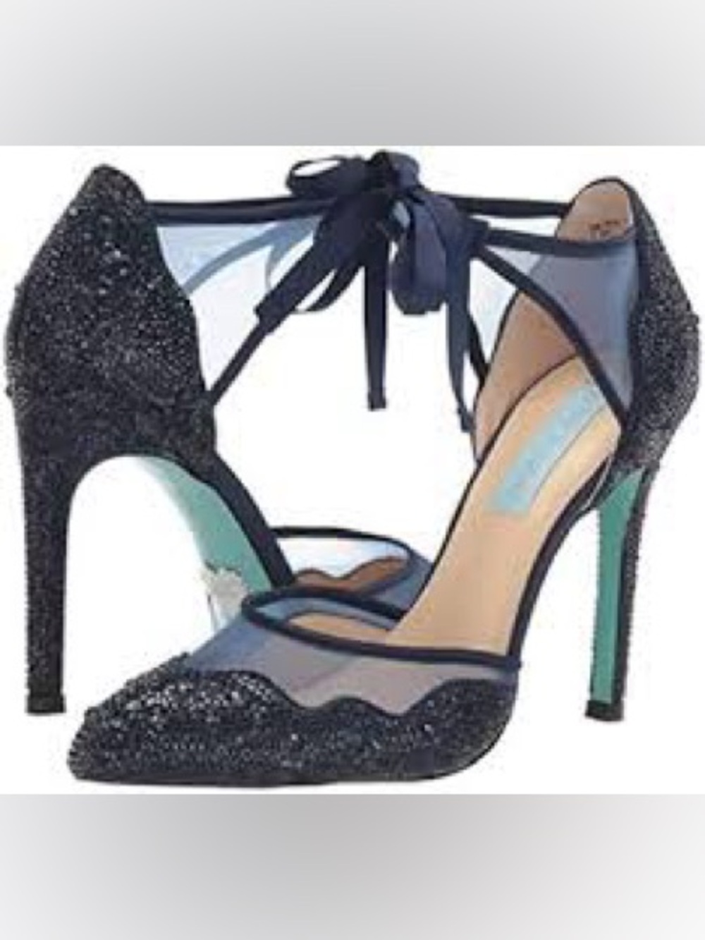 Blue by Betsey Johnson Iris Navy Blue Crystal Mesh Rhinestone Heels Sz 6
